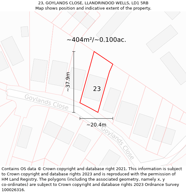 23, GOYLANDS CLOSE, LLANDRINDOD WELLS, LD1 5RB: Plot and title map