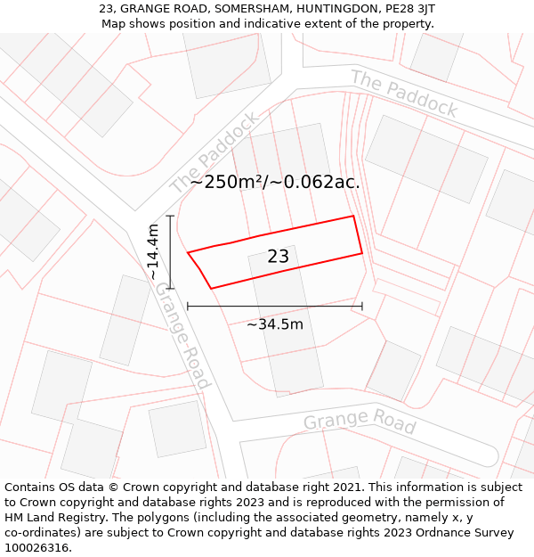 23, GRANGE ROAD, SOMERSHAM, HUNTINGDON, PE28 3JT: Plot and title map