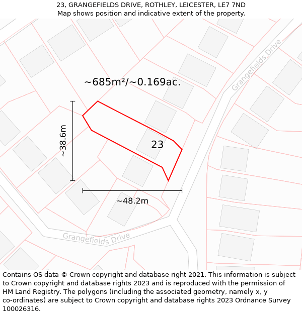 23, GRANGEFIELDS DRIVE, ROTHLEY, LEICESTER, LE7 7ND: Plot and title map