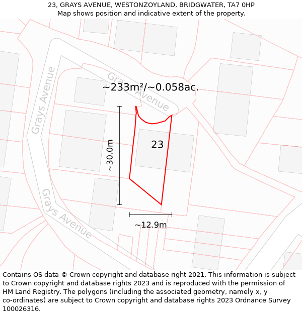 23, GRAYS AVENUE, WESTONZOYLAND, BRIDGWATER, TA7 0HP: Plot and title map