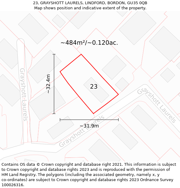 23, GRAYSHOTT LAURELS, LINDFORD, BORDON, GU35 0QB: Plot and title map