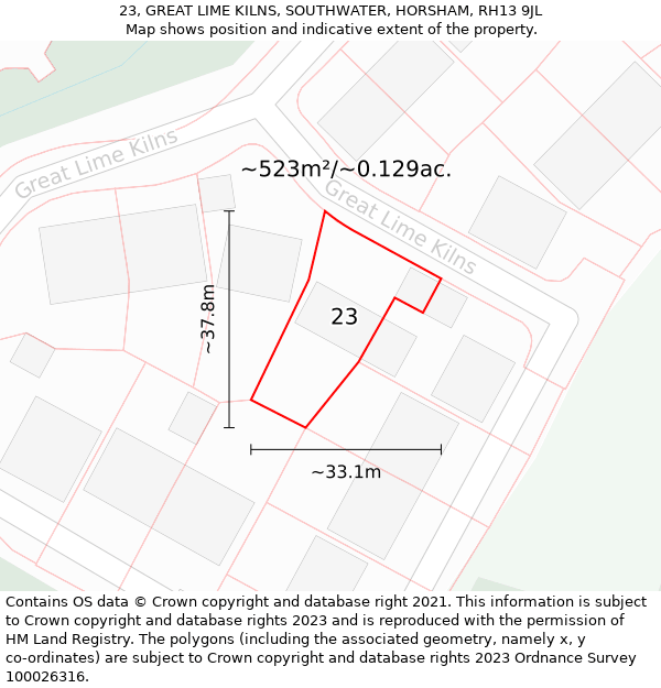 23, GREAT LIME KILNS, SOUTHWATER, HORSHAM, RH13 9JL: Plot and title map