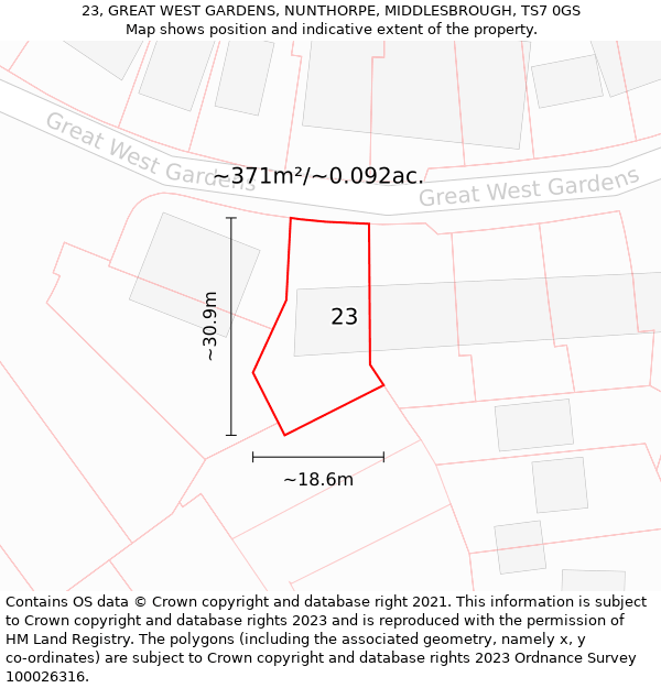 23, GREAT WEST GARDENS, NUNTHORPE, MIDDLESBROUGH, TS7 0GS: Plot and title map