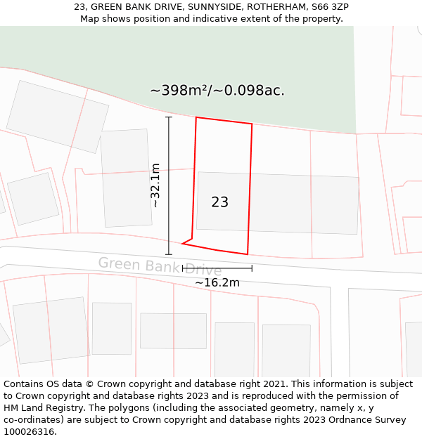 23, GREEN BANK DRIVE, SUNNYSIDE, ROTHERHAM, S66 3ZP: Plot and title map