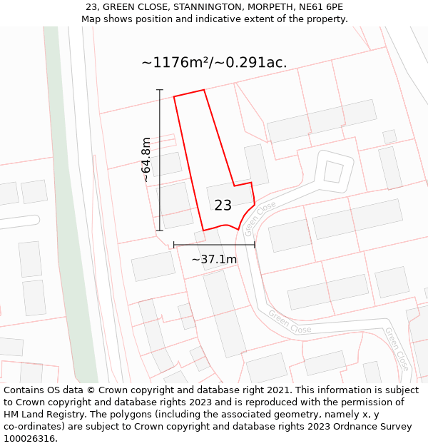 23, GREEN CLOSE, STANNINGTON, MORPETH, NE61 6PE: Plot and title map
