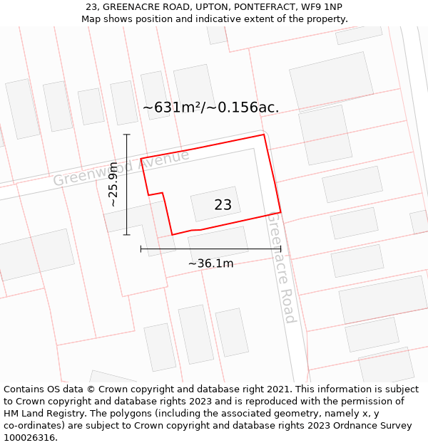 23, GREENACRE ROAD, UPTON, PONTEFRACT, WF9 1NP: Plot and title map