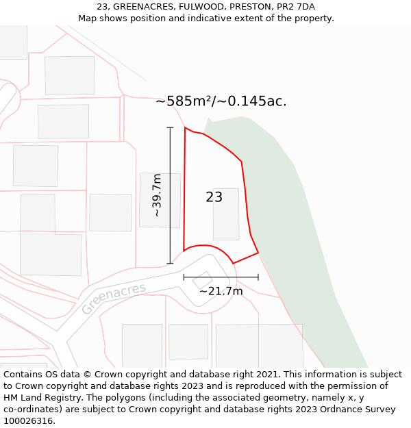 23, GREENACRES, FULWOOD, PRESTON, PR2 7DA: Plot and title map