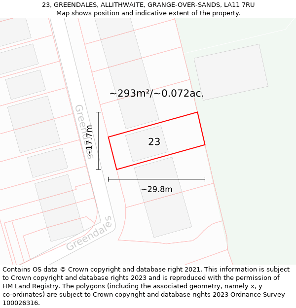 23, GREENDALES, ALLITHWAITE, GRANGE-OVER-SANDS, LA11 7RU: Plot and title map