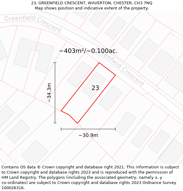 23, GREENFIELD CRESCENT, WAVERTON, CHESTER, CH3 7NQ: Plot and title map