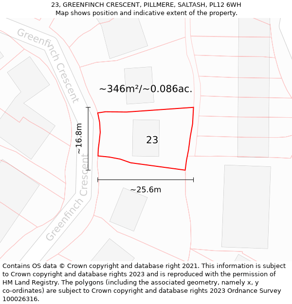 23, GREENFINCH CRESCENT, PILLMERE, SALTASH, PL12 6WH: Plot and title map