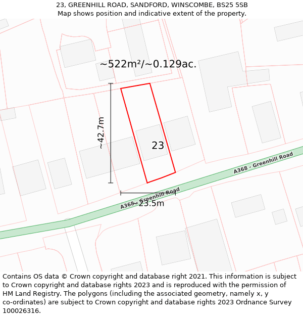 23, GREENHILL ROAD, SANDFORD, WINSCOMBE, BS25 5SB: Plot and title map