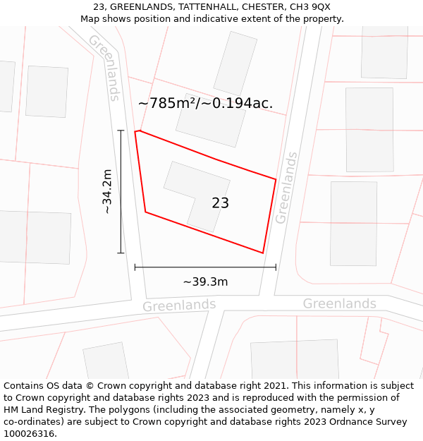 23, GREENLANDS, TATTENHALL, CHESTER, CH3 9QX: Plot and title map