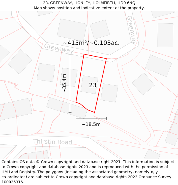 23, GREENWAY, HONLEY, HOLMFIRTH, HD9 6NQ: Plot and title map