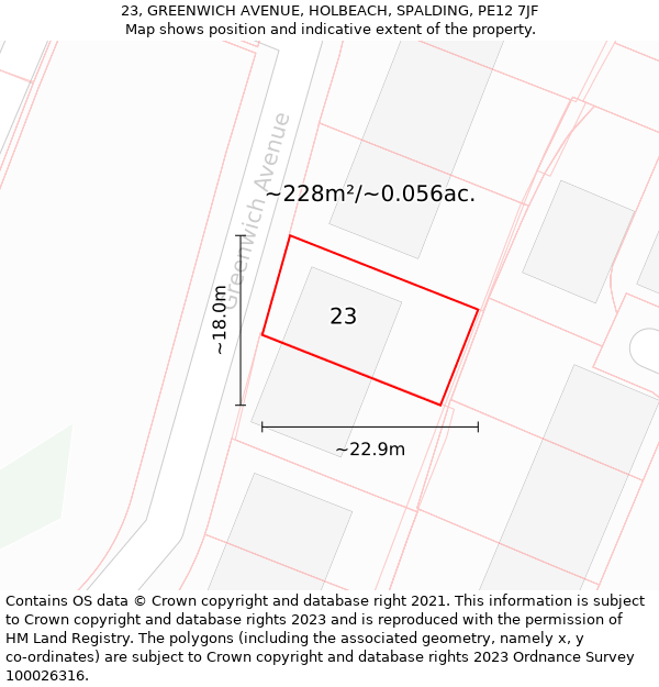 23, GREENWICH AVENUE, HOLBEACH, SPALDING, PE12 7JF: Plot and title map