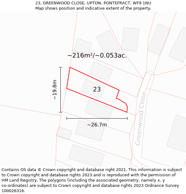 23, GREENWOOD CLOSE, UPTON, PONTEFRACT, WF9 1NU: Plot and title map