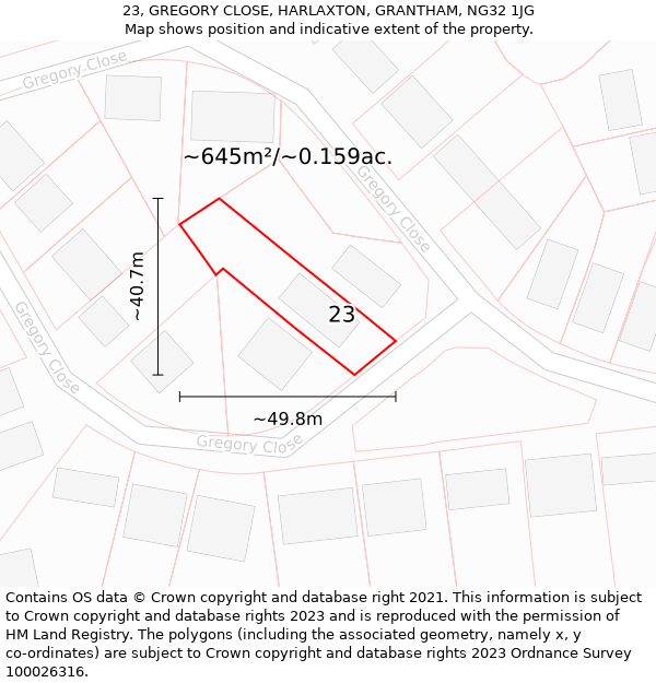 23, GREGORY CLOSE, HARLAXTON, GRANTHAM, NG32 1JG: Plot and title map