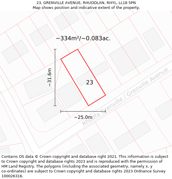 23, GRENVILLE AVENUE, RHUDDLAN, RHYL, LL18 5PN: Plot and title map