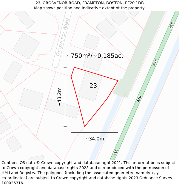 23, GROSVENOR ROAD, FRAMPTON, BOSTON, PE20 1DB: Plot and title map