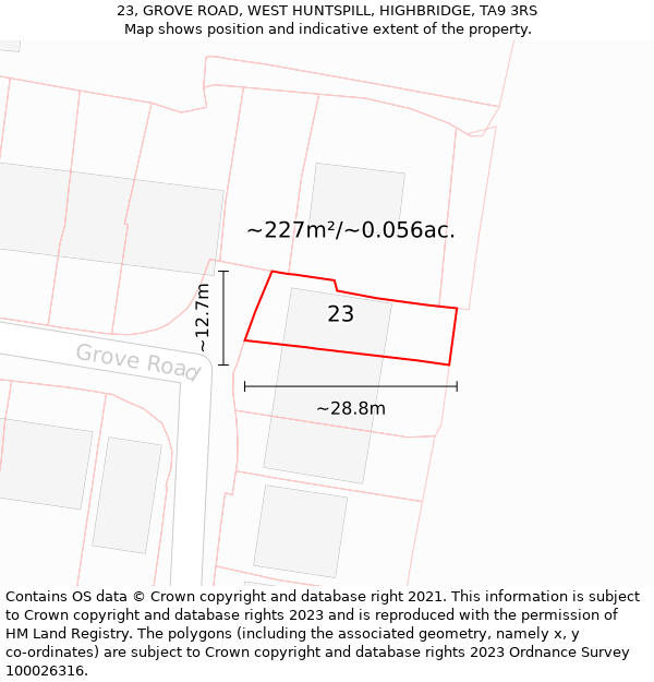 23, GROVE ROAD, WEST HUNTSPILL, HIGHBRIDGE, TA9 3RS: Plot and title map