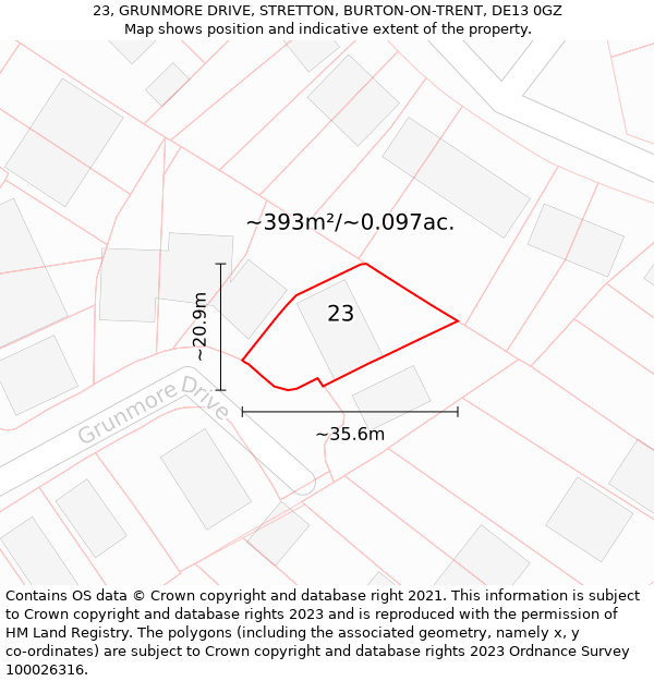 23, GRUNMORE DRIVE, STRETTON, BURTON-ON-TRENT, DE13 0GZ: Plot and title map