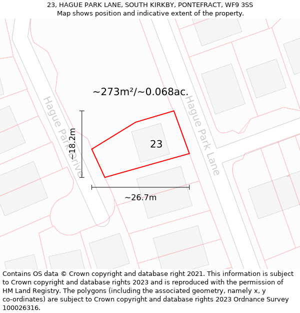 23, HAGUE PARK LANE, SOUTH KIRKBY, PONTEFRACT, WF9 3SS: Plot and title map