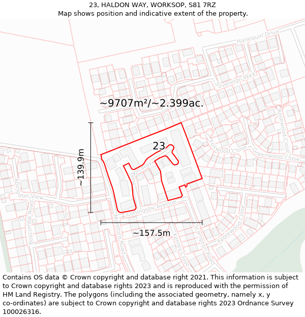 23, HALDON WAY, WORKSOP, S81 7RZ: Plot and title map