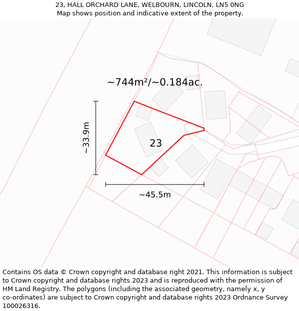 23, HALL ORCHARD LANE, WELBOURN, LINCOLN, LN5 0NG: Plot and title map