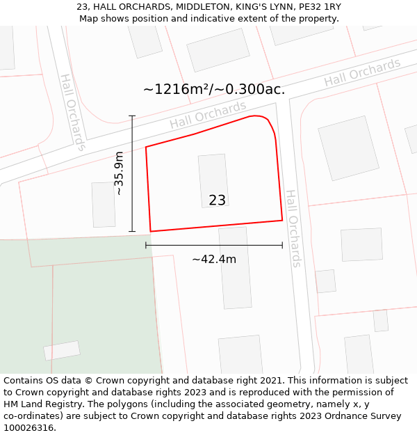 23, HALL ORCHARDS, MIDDLETON, KING'S LYNN, PE32 1RY: Plot and title map