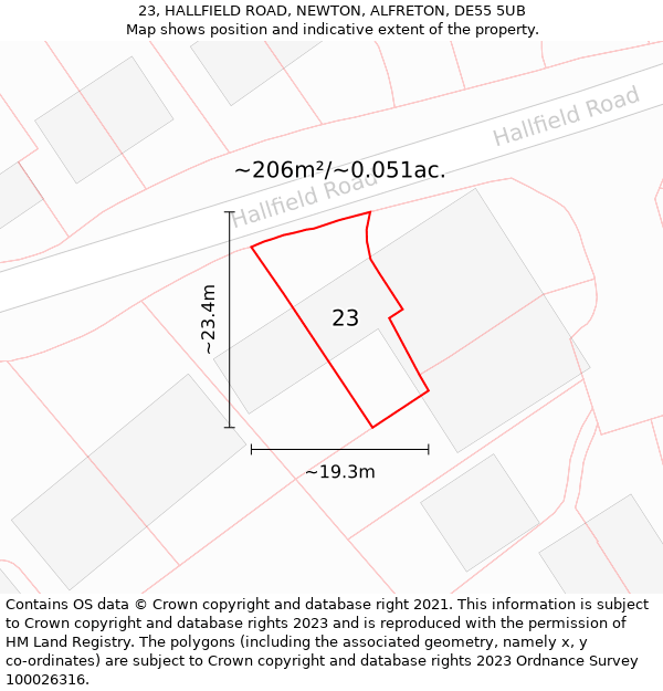 23, HALLFIELD ROAD, NEWTON, ALFRETON, DE55 5UB: Plot and title map