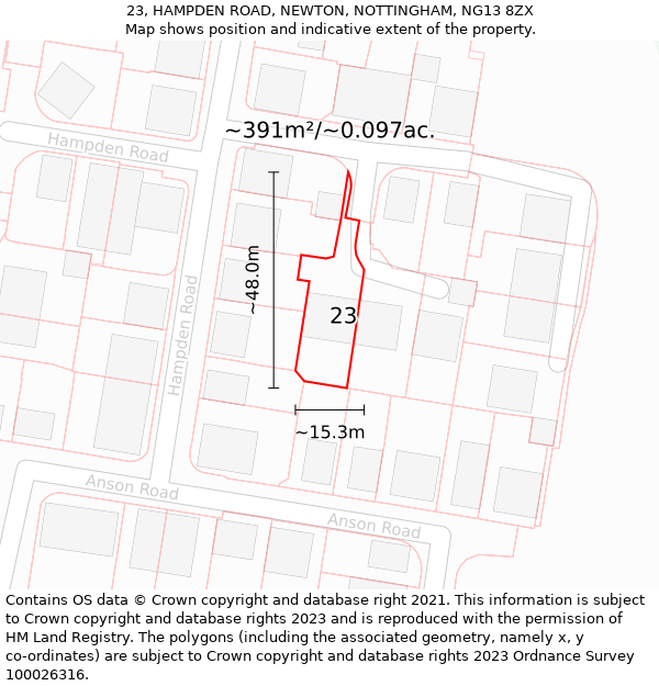 23, HAMPDEN ROAD, NEWTON, NOTTINGHAM, NG13 8ZX: Plot and title map