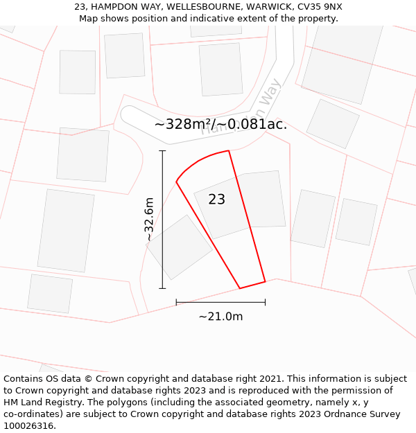 23, HAMPDON WAY, WELLESBOURNE, WARWICK, CV35 9NX: Plot and title map