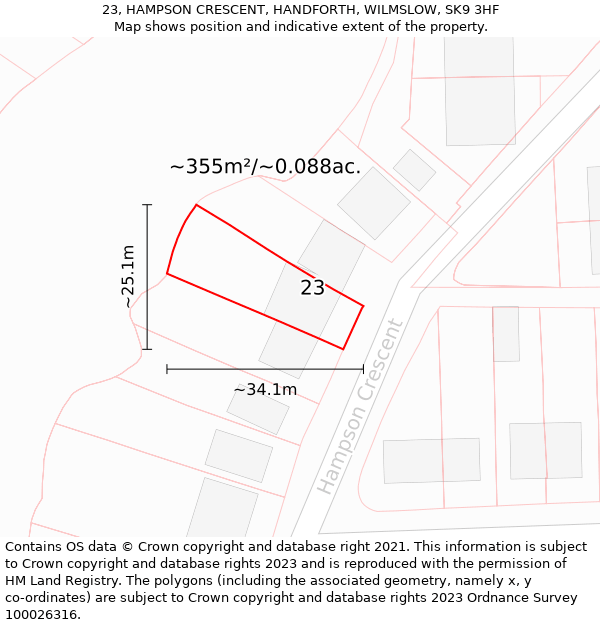 23, HAMPSON CRESCENT, HANDFORTH, WILMSLOW, SK9 3HF: Plot and title map