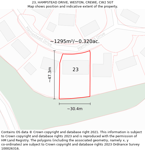 23, HAMPSTEAD DRIVE, WESTON, CREWE, CW2 5GT: Plot and title map