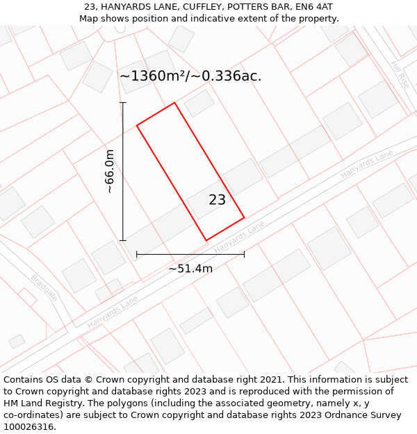 23, HANYARDS LANE, CUFFLEY, POTTERS BAR, EN6 4AT: Plot and title map