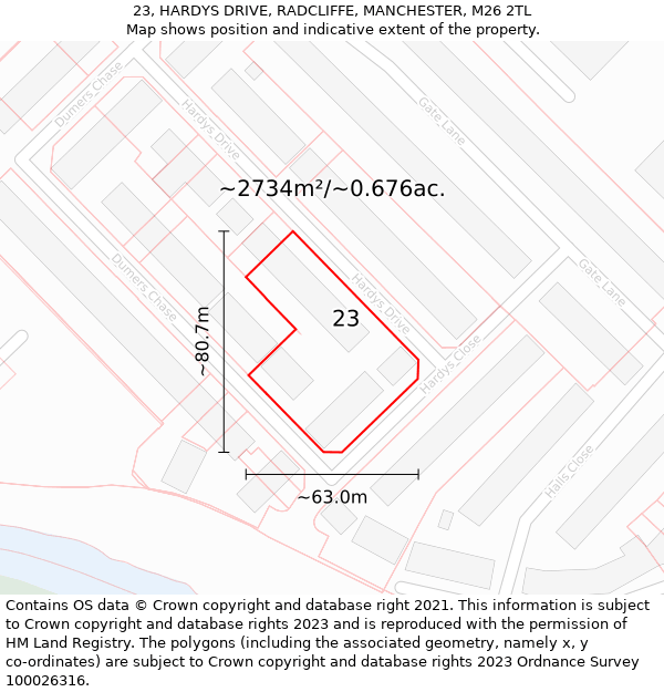 23, HARDYS DRIVE, RADCLIFFE, MANCHESTER, M26 2TL: Plot and title map