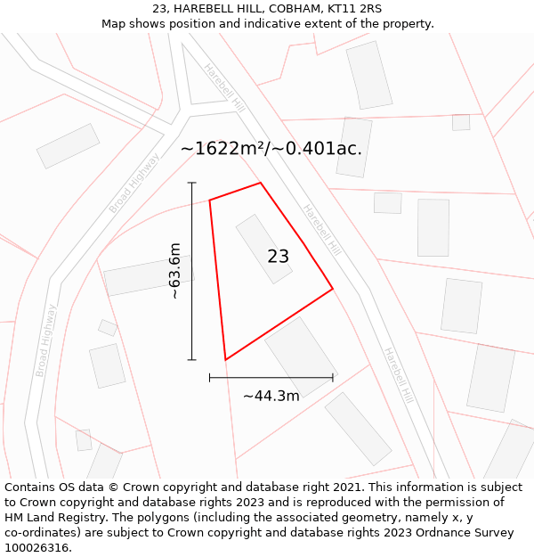 23, HAREBELL HILL, COBHAM, KT11 2RS: Plot and title map