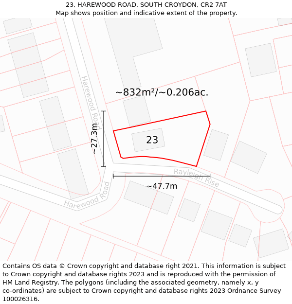 23, HAREWOOD ROAD, SOUTH CROYDON, CR2 7AT: Plot and title map