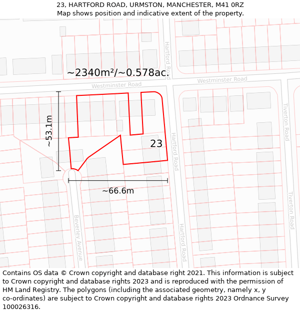 23, HARTFORD ROAD, URMSTON, MANCHESTER, M41 0RZ: Plot and title map