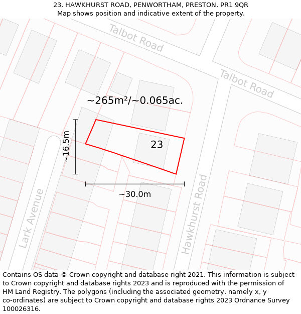 23, HAWKHURST ROAD, PENWORTHAM, PRESTON, PR1 9QR: Plot and title map