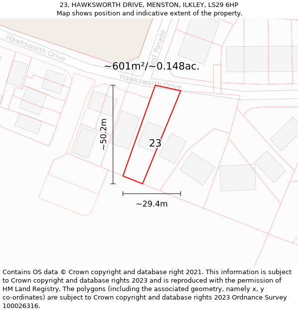 23, HAWKSWORTH DRIVE, MENSTON, ILKLEY, LS29 6HP: Plot and title map