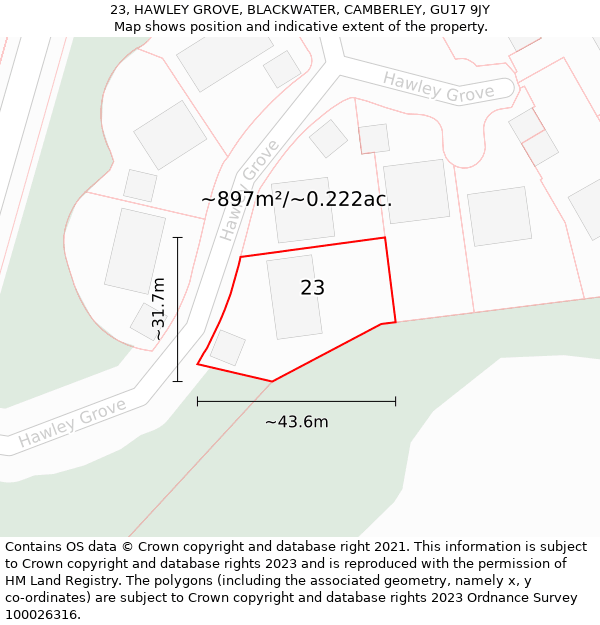 23, HAWLEY GROVE, BLACKWATER, CAMBERLEY, GU17 9JY: Plot and title map