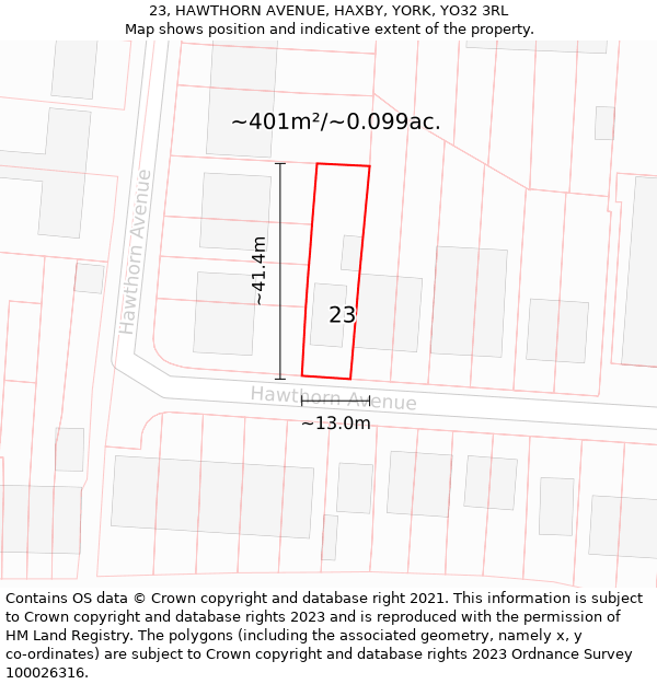 23, HAWTHORN AVENUE, HAXBY, YORK, YO32 3RL: Plot and title map