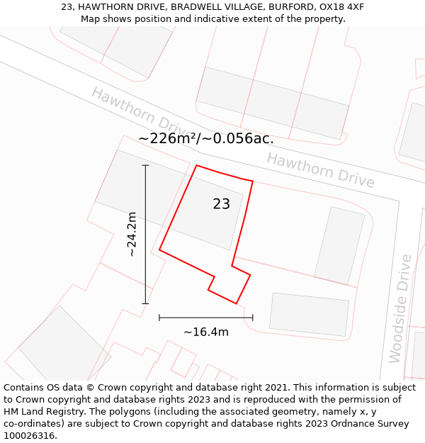 23, HAWTHORN DRIVE, BRADWELL VILLAGE, BURFORD, OX18 4XF: Plot and title map