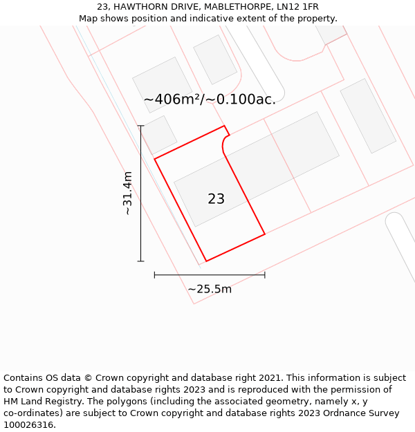 23, HAWTHORN DRIVE, MABLETHORPE, LN12 1FR: Plot and title map