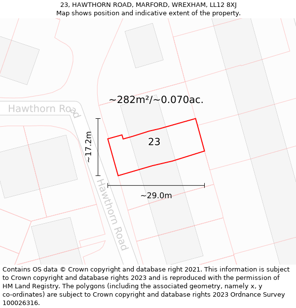 23, HAWTHORN ROAD, MARFORD, WREXHAM, LL12 8XJ: Plot and title map