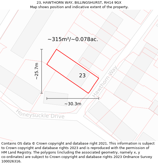 23, HAWTHORN WAY, BILLINGSHURST, RH14 9GX: Plot and title map