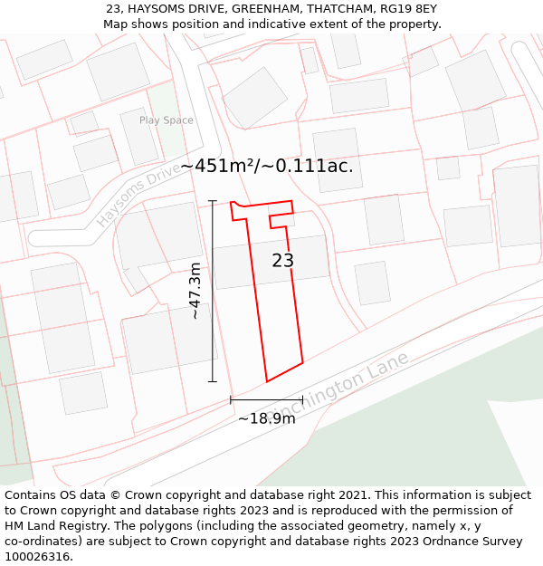 23, HAYSOMS DRIVE, GREENHAM, THATCHAM, RG19 8EY: Plot and title map