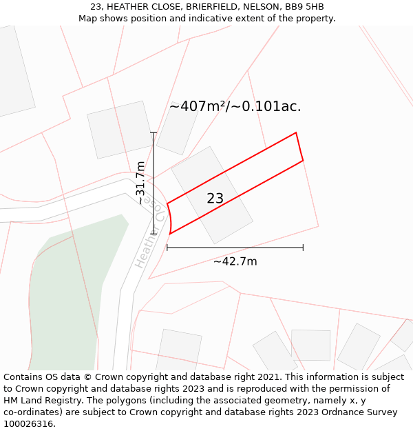 23, HEATHER CLOSE, BRIERFIELD, NELSON, BB9 5HB: Plot and title map