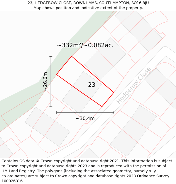 23, HEDGEROW CLOSE, ROWNHAMS, SOUTHAMPTON, SO16 8JU: Plot and title map