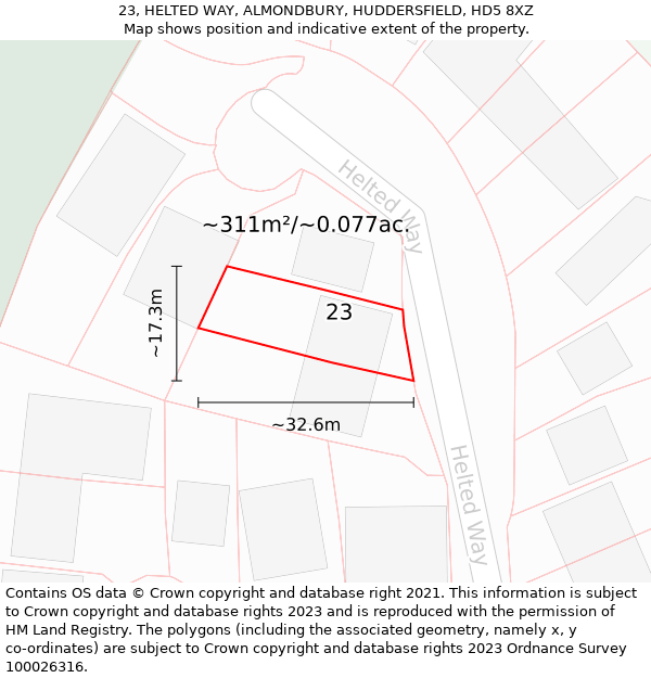 23, HELTED WAY, ALMONDBURY, HUDDERSFIELD, HD5 8XZ: Plot and title map
